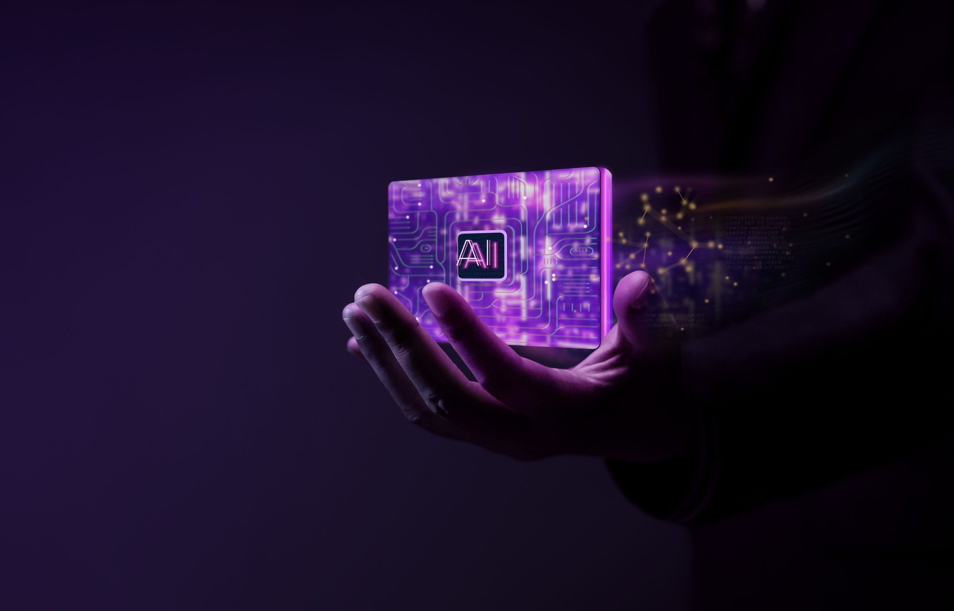 AI Technology Concept. Hand Holdings an AI CPU. Conceptual Photo. Futuristic Tone